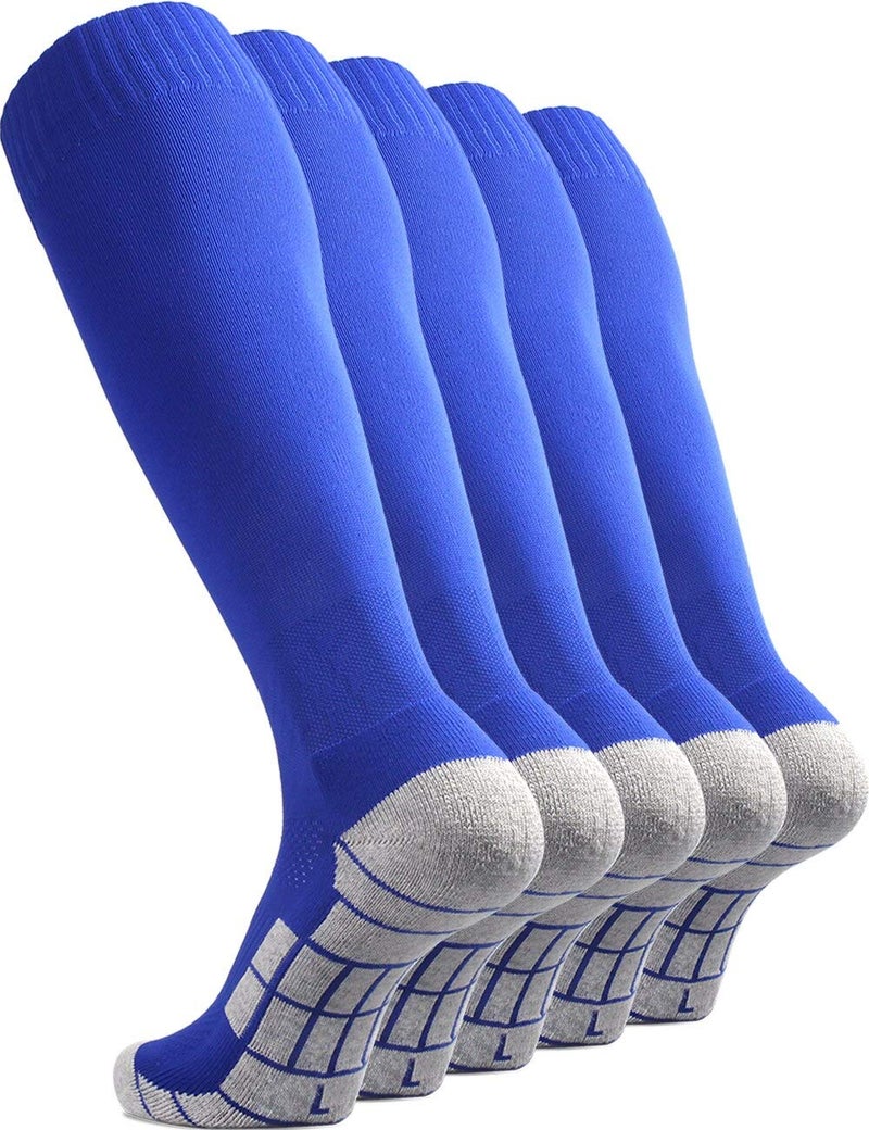 CWVLC Youth Soccer Socks 5 Pairs Girls Boys Softball Sport Team Athletic Knee High Long Tube Cotton Compression Baseball Socks Blue Medium (5Y-7Y Youth/6-10 Women)